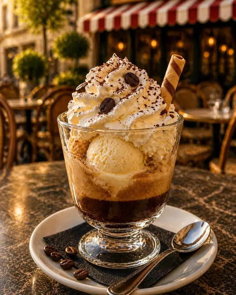 Café liégeois servi en coupe transparente, boule de glace vanille, chantilly et grains de café, sur une terrasse au coucher du soleil.
