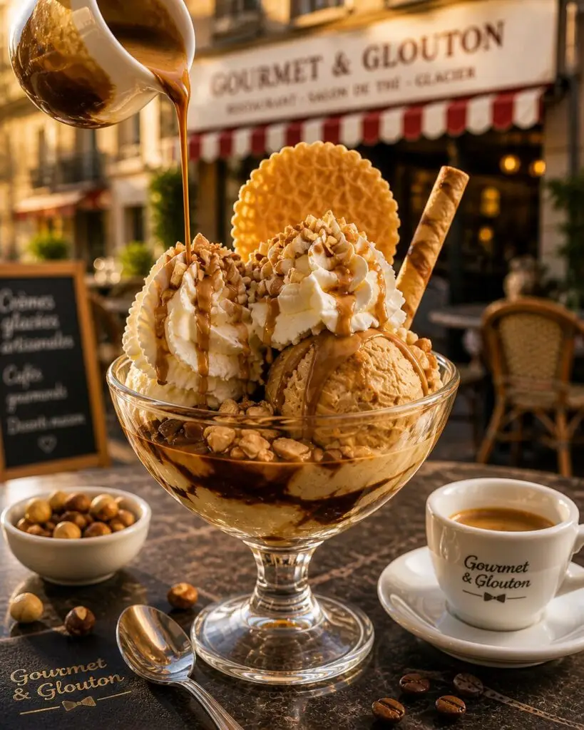 Coupe glacée avec deux boules café et vanille, sauce caramel versée, éclats de noisettes et gaufrette, accompagnée d'un espresso Gourmet & Glouton.