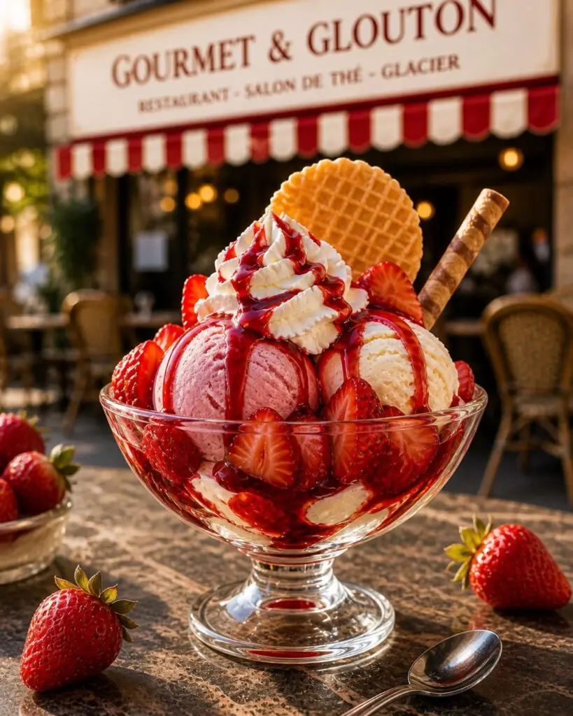 Coupe glacée fraise et vanille avec fraises fraîches, coulis de fraises et chantilly, devant la devanture du restaurant Gourmet & Glouton à Chaudes-Aigues.